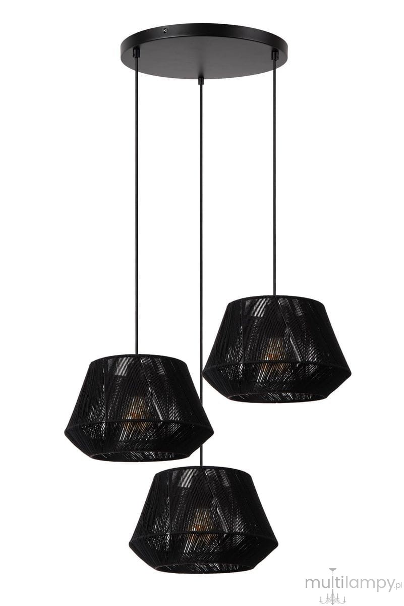Lampa wisząca Jessica z trzema kloszami w kolorze czarnym, wykonana z metalowej siatki. Klosze mają kształt stożkowaty, zawieszone na cienkich linkach z okrągłym, czarnym stelażem. Oświetlenie na żarówki E27.
