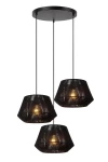 Lampa wisząca Jessica w kolorze czarnym z trzema kloszami w kształcie diamentu, wykonana z materiału o teksturowanej powierzchni. Klosze zawieszone na cienkich linkach, podłączone do okrągłej podstawy sufitowej. Idealna do nowoczesnych wnętrz.