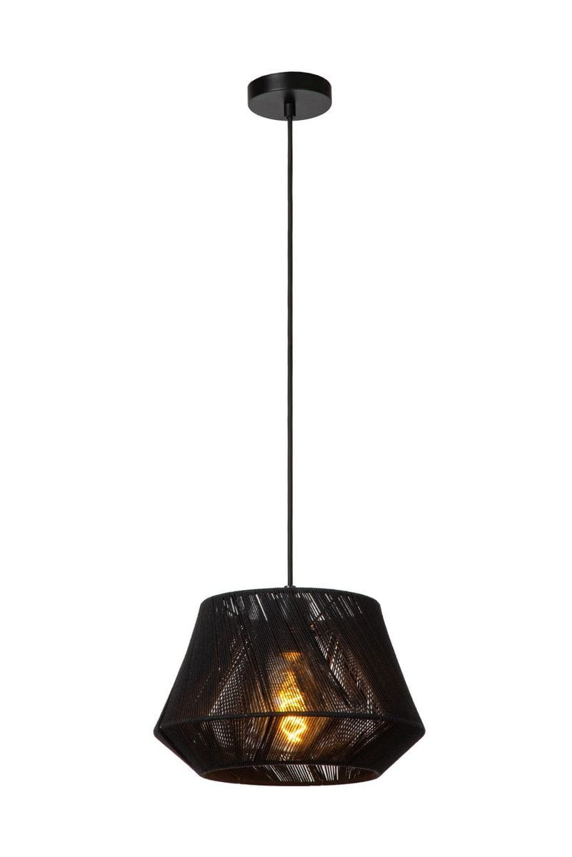 Lampa wisząca Jessica 1xE27 o czarnym, teksturowanym kloszu w kształcie stożka, zawieszona na cienkim czarnym przewodzie. Wnętrze klosza odsłania źródło światła, tworząc efektowne oświetlenie. Idealna do nowoczesnych wnętrz.