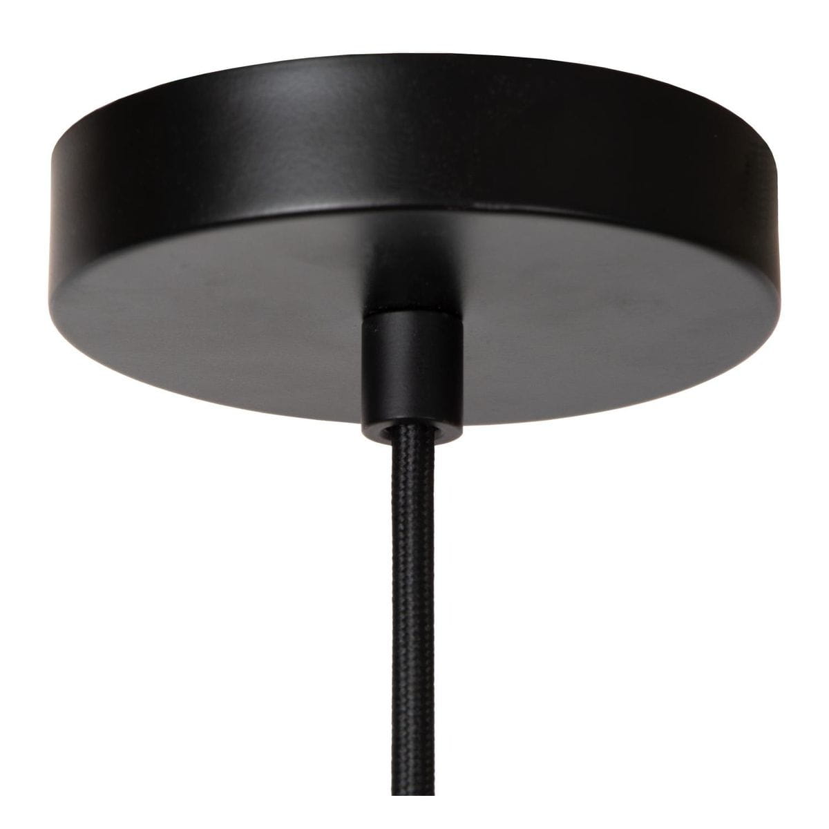 Czarna lampa wisząca Jessica z mocowaniem sufitowym, widok z dołu. Okrągła, metalowa podsufitka z teksturowanym kablem. Przeznaczona na żarówkę E27, minimalistyczny design.