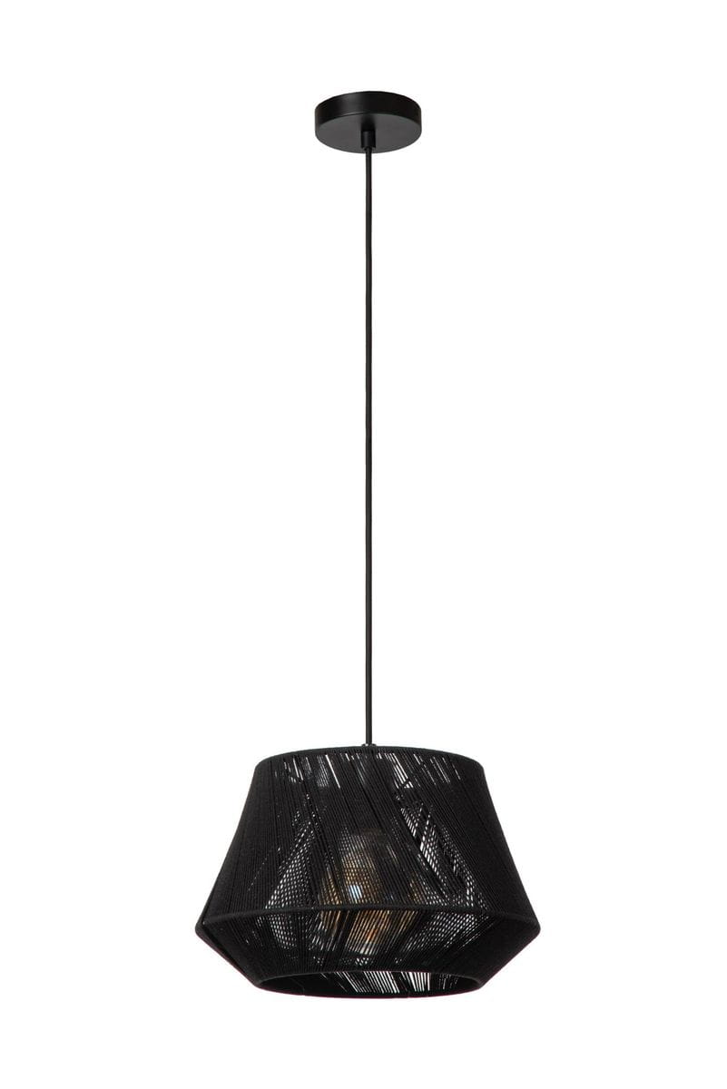Czarna lampa wisząca Jessica z kloszem w kształcie stożka, wykonana z metalowej siatki, zawieszona na cienkim kablu. Wewnątrz miejsce na żarówkę E27. Ujęcie frontalne, produkt wiszący, na jednolitym tle.