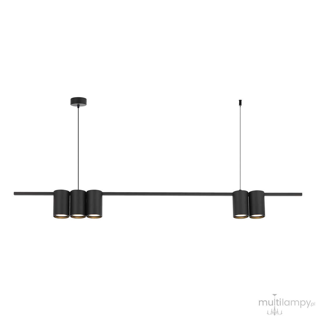 Lampa wisząca Genesis o długości poziomej, z pięcioma oprawami na żarówki GU10. Wykonana w kolorze czarnym, z matową powierzchnią. Ujęcie frontalne, zawieszona na cienkim przewodzie, z okrągłym mocowaniem sufitowym.