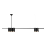 Lampa wisząca Genesis o długości poziomej, z pięcioma oprawami na żarówki GU10. Wykonana w kolorze czarnym, z matową powierzchnią. Ujęcie frontalne, zawieszona na cienkim przewodzie, z okrągłym mocowaniem sufitowym.
