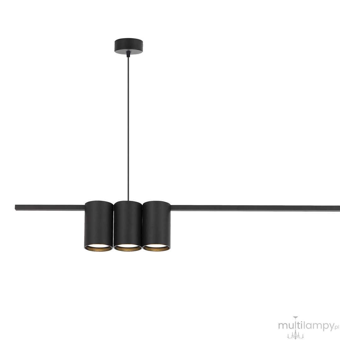 Lampa wisząca Genesis w kolorze czarnym, z pięcioma oprawami GU10. Posiada trzy cylindryczne klosze zawieszone na długim, prostokątnym ramieniu. Całość zawieszona na cienkim przewodzie, z minimalistycznym, okrągłym mocowaniem sufitowym.