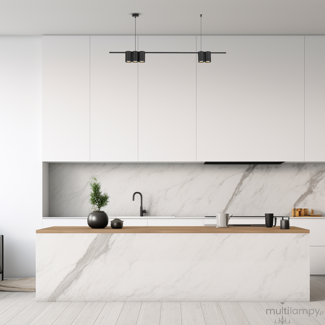 Lampa wisząca Genesis 5xGU10 w kolorze czarnym, zawieszona w nowoczesnej kuchni. Posiada pięć źródeł światła, umieszczonych na prostokątnej podstawie, wisi nad białym blatem kuchennym z drewnianym wykończeniem.