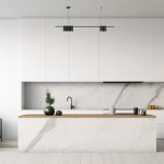 Lampa wisząca Genesis 5xGU10 w kolorze czarnym, zawieszona w nowoczesnej kuchni. Posiada pięć źródeł światła, umieszczonych na prostokątnej podstawie, wisi nad białym blatem kuchennym z drewnianym wykończeniem.