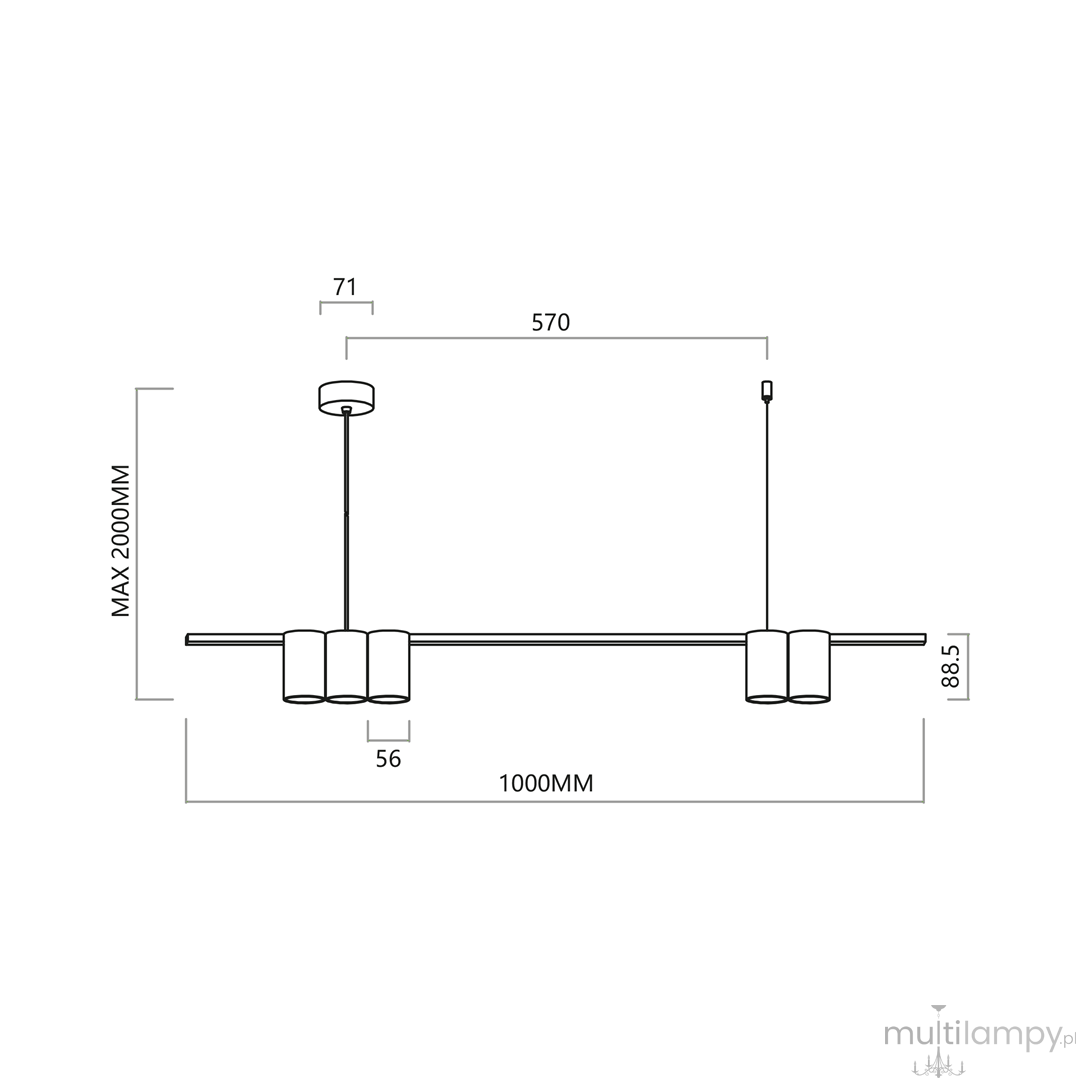 Lampa wisząca Genesis w kolorze czarnym, z pięcioma oprawkami GU10. Posiada prostokątny design z metalową rurą. Wymiary: długość 1000 mm, szerokość 56 mm, wysokość 88,5 mm, maksymalna wysokość zawieszenia 2000 mm. Montaż sufitowy.