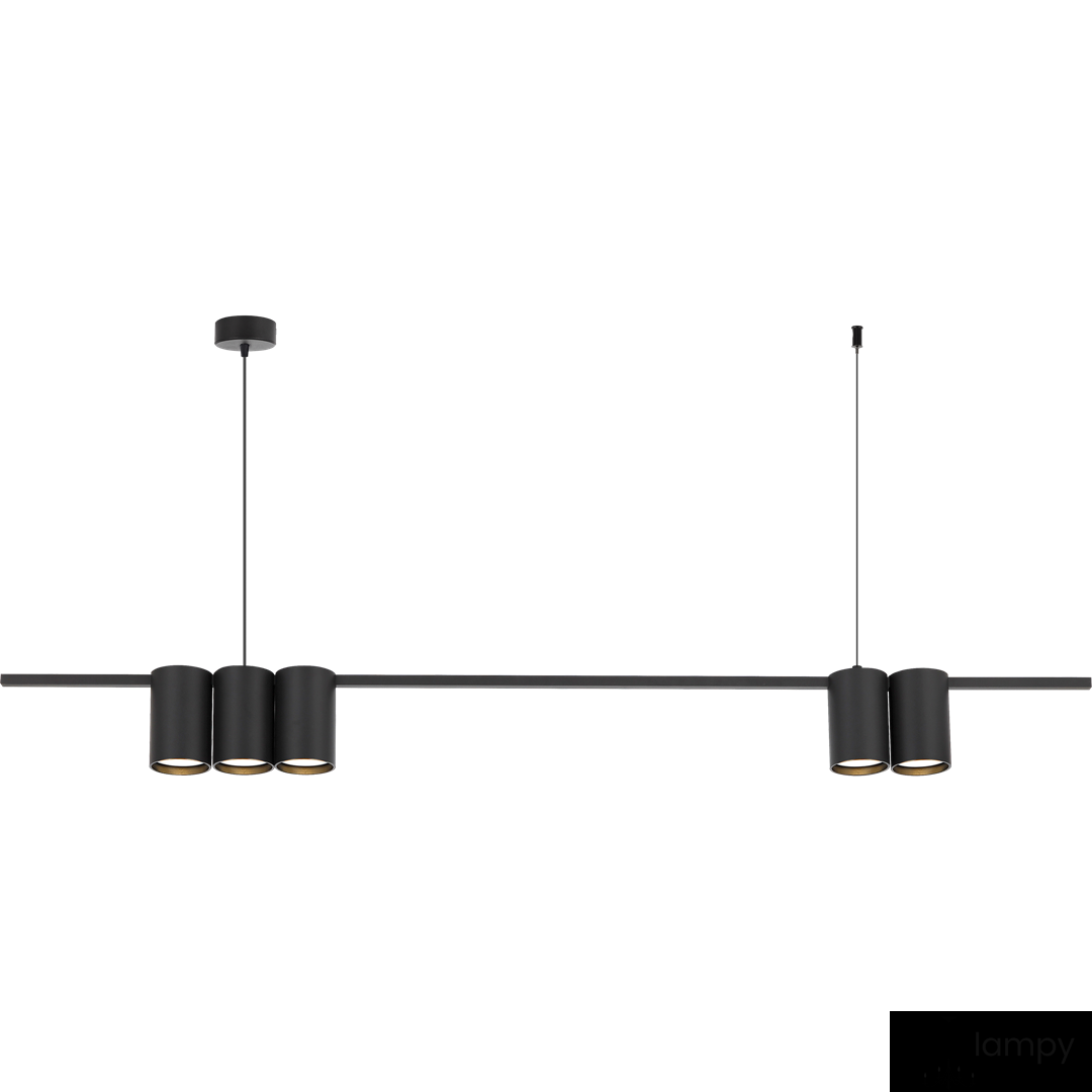 Lampa wisząca Genesis w kolorze czarnym z pięcioma oprawami na żarówki GU10, zawieszona na cienkich przewodach. Prosty, nowoczesny design z matowym wykończeniem. Widok frontalny.
