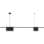 Lampa wisząca Genesis w kolorze czarnym z pięcioma oprawami na żarówki GU10, zawieszona na cienkich przewodach. Prosty, nowoczesny design z matowym wykończeniem. Widok frontalny.
