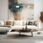 Lampa wisząca Genesis ML0368, biała, z pięcioma punktami świetlnymi GU10, zawieszona nad sofą w jasnym wnętrzu. Prosty, nowoczesny design w minimalistycznej aranżacji z abstrakcyjnym tłem.