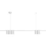 Lampa wisząca Genesis 5xGU10 w kolorze białym, składająca się z pięciu cylindrycznych opraw zamocowanych na prostej, białej listwie. Produkt zawieszony na cienkich przewodach, z okrągłym mocowaniem sufitowym. Minimalistyczny design.