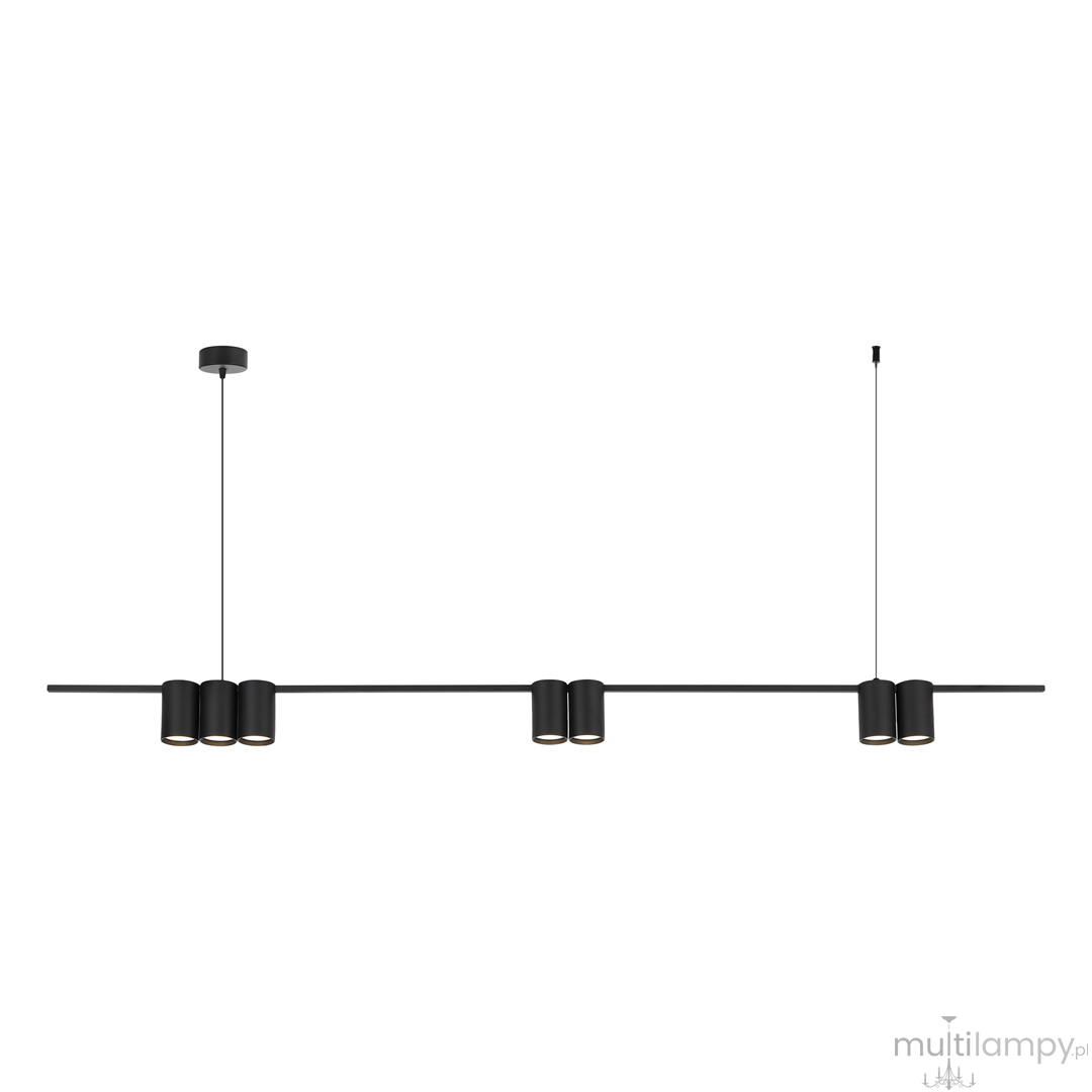 Lampa wisząca Genesis w kolorze czarnym, z siedmioma oprawami na żarówki GU10. Prosty, minimalistyczny design z metalowym stelażem i zawieszeniem, umieszczona poziomo, idealna do nowoczesnych wnętrz.