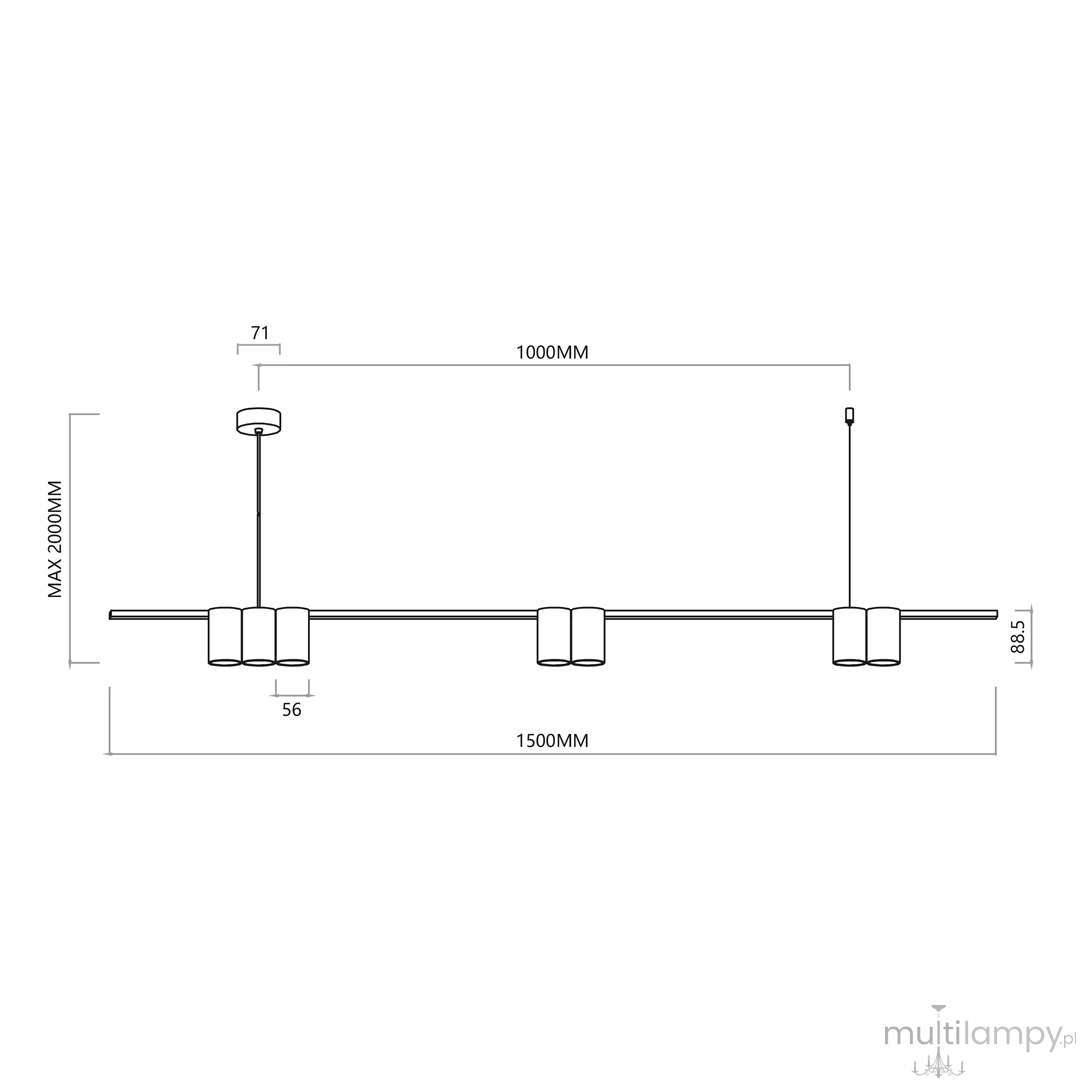 Lampa wisząca Genesis 7xGU10 w kolorze czarnym, o prostokątnym kształcie. Wymiary: długość 1500 mm, wysokość 188,5 mm, szerokość 56 mm. Montaż sufitowy, minimalistyczny design, idealna do nowoczesnych wnętrz.