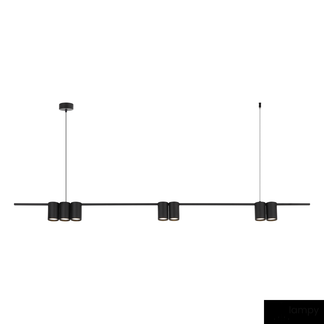Lampa wisząca Genesis w kolorze czarnym, przeznaczona na 7 żarówek GU10. Zawieszona na cienkim kabelku, z prostą, minimalistyczną konstrukcją i równomiernym rozłożeniem lamp. Ujęcie frontalne, na jednolitym tle.