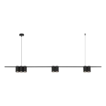 Lampa wisząca Genesis w kolorze czarnym, przeznaczona na 7 żarówek GU10. Zawieszona na cienkim kabelku, z prostą, minimalistyczną konstrukcją i równomiernym rozłożeniem lamp. Ujęcie frontalne, na jednolitym tle.