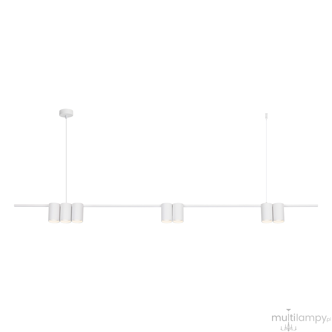 Lampa wisząca Genesis w kolorze białym, z miejscem na 7 żarówek GU10. Prosta konstrukcja z metalowym stelażem i cylindrycznymi kloszami, zawieszona na cienkim przewodzie. Idealna do nowoczesnych wnętrz.
