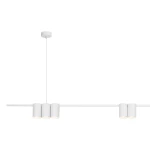 Lampa wisząca Genesis z białym wykończeniem, z trzema cylindrycznymi kloszami na żarówki GU10, zawieszona na cienkim przewodzie. Prosty, nowoczesny design, umieszczona na białym tle.