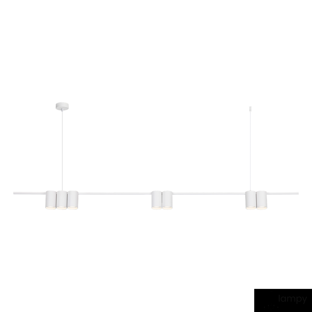 Lampa wisząca Genesis z białym wykończeniem, składająca się z siedmiu opraw na żarówki GU10, zamontowana na prostym, poziomym stelażu. Produkt zawieszony na dwóch cienkich linkach, idealny do nowoczesnych wnętrz.