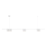 Lampa wisząca Genesis z białym wykończeniem, składająca się z siedmiu opraw na żarówki GU10, zamontowana na prostym, poziomym stelażu. Produkt zawieszony na dwóch cienkich linkach, idealny do nowoczesnych wnętrz.
