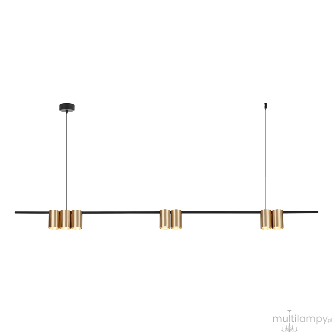 Lampa wisząca Genesis w kolorze czarnym i złotym, z pięcioma oprawami na żarówki GU10, umieszczona na długim, prostokątnym ramieniu. Produkt zawieszony na cienkich linkach, w minimalistycznym stylu, na białym tle.