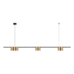 Lampa wisząca Genesis w kolorze czarnym i złotym, z pięcioma oprawami na żarówki GU10, umieszczona na długim, prostokątnym ramieniu. Produkt zawieszony na cienkich linkach, w minimalistycznym stylu, na białym tle.
