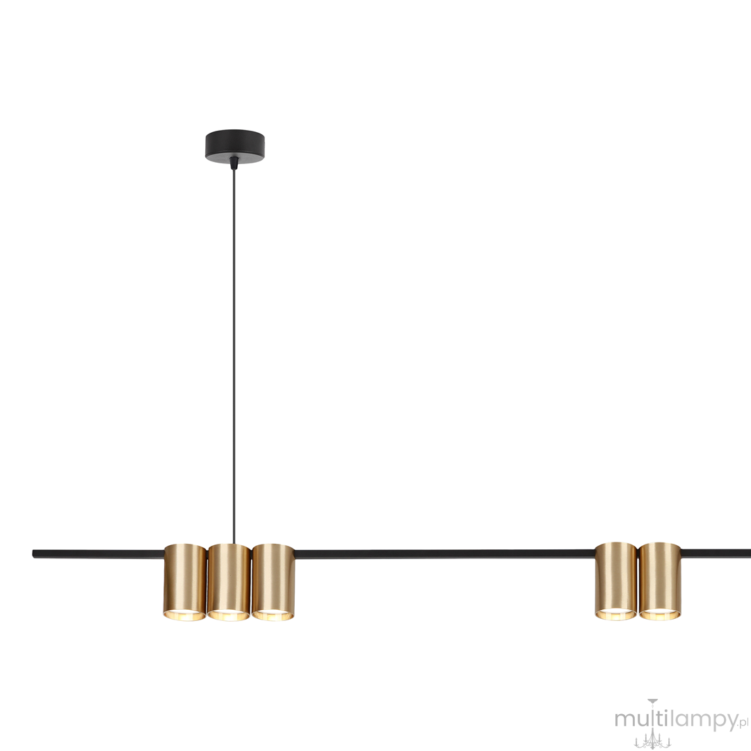 Lampa wisząca Genesis z siedmioma oprawami GU10, w kolorze czarnym i złotym. Ułożona poziomo na czarnym metalowym wsporniku, z eleganckimi złotymi kloszami. Wisi na cienkim przewodzie, z okrągłym mocowaniem sufitowym.