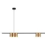 Lampa wisząca Genesis z siedmioma oprawami GU10, w kolorze czarnym i złotym. Ułożona poziomo na czarnym metalowym wsporniku, z eleganckimi złotymi kloszami. Wisi na cienkim przewodzie, z okrągłym mocowaniem sufitowym.