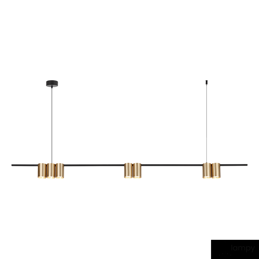 Lampa wisząca Genesis z 7 miejscami na żarówki GU10, w kolorze czarnym z złotymi detalami. Ułożona poziomo, zawieszona na cienkich linkach, z okrągłym mocowaniem sufitowym. Idealna do nowoczesnych wnętrz.