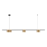 Lampa wisząca Genesis z 7 miejscami na żarówki GU10, w kolorze czarnym z złotymi detalami. Ułożona poziomo, zawieszona na cienkich linkach, z okrągłym mocowaniem sufitowym. Idealna do nowoczesnych wnętrz.