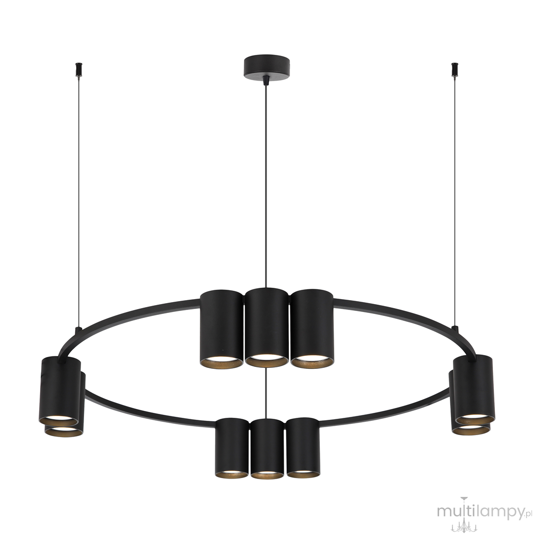 Lampa wisząca Genesis w kolorze czarnym, z 10 miejscami na żarówki GU10. Posiada okrągłą konstrukcję z metalowymi kloszami, zawieszona na dwóch cienkich linkach. Idealna do nowoczesnych wnętrz.