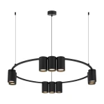 Lampa wisząca Genesis w kolorze czarnym, z 10 miejscami na żarówki GU10. Posiada okrągłą konstrukcję z metalowymi kloszami, zawieszona na dwóch cienkich linkach. Idealna do nowoczesnych wnętrz.