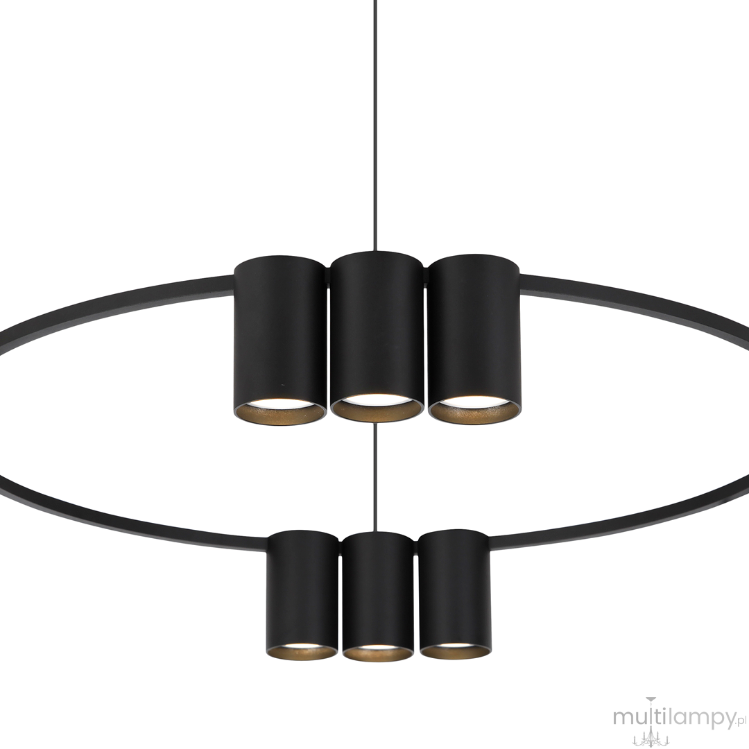 Czarna lampa wisząca Genesis z pięcioma oprawami GU10, z metalowymi cylindrami i okrągłym stelażem. Lampa zawieszona na cienkim przewodzie, idealna do nowoczesnych wnętrz.