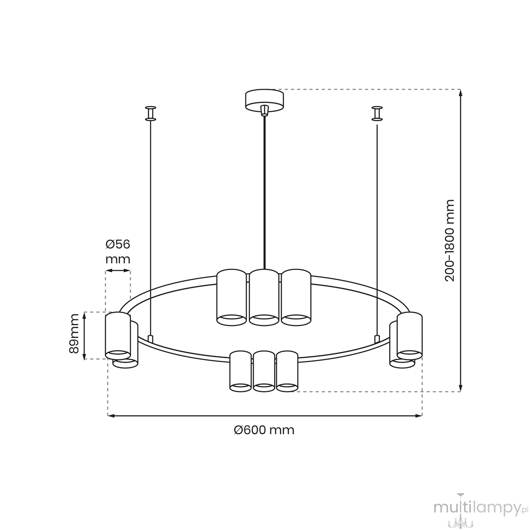 Czarna lampa wisząca Genesis z 10 miejscami na żarówki GU10, okrągła konstrukcja o średnicy 600 mm. Wysokość regulowana od 200 do 1800 mm. Metalowy design z prostymi cylindrycznymi kloszami.