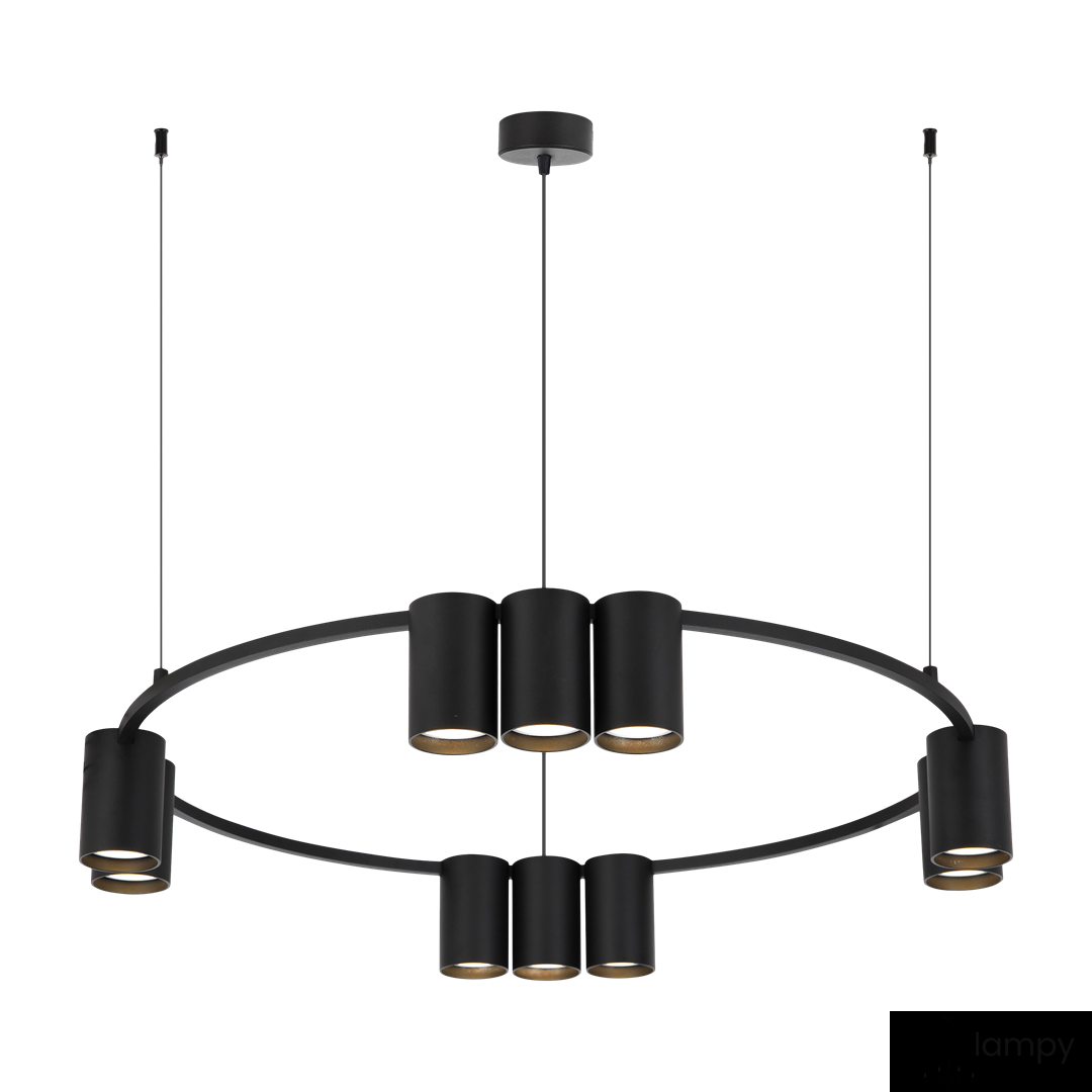 Lampa wisząca Genesis z dziesięcioma oprawami GU10 w kolorze czarnym. Okrągła konstrukcja z metalowymi, cylindrycznymi kloszami zawieszona na dwóch cienkich kablach. Prosty, nowoczesny design, idealna do wnętrz.