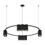 Lampa wisząca Genesis z dziesięcioma oprawami GU10 w kolorze czarnym. Okrągła konstrukcja z metalowymi, cylindrycznymi kloszami zawieszona na dwóch cienkich kablach. Prosty, nowoczesny design, idealna do wnętrz.