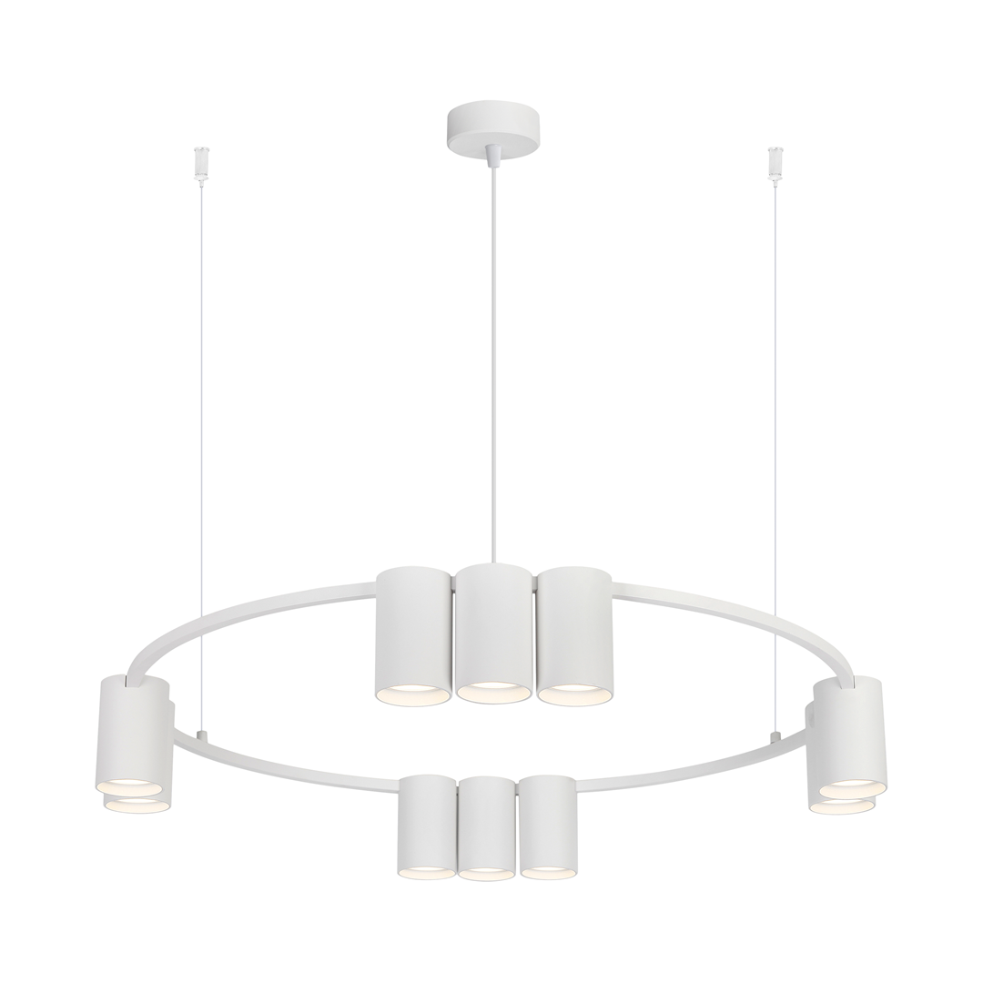 Lampa wisząca Genesis w białym kolorze, posiadająca dziesięć opraw na żarówki GU10. Okrągła konstrukcja, z cylindrycznymi kloszami rozmieszczonymi równomiernie na metalowym stelażu. Ujęcie z góry, zawieszona na dwóch cienkich linkach.