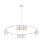 Lampa wisząca Genesis w białym kolorze, posiadająca dziesięć opraw na żarówki GU10. Okrągła konstrukcja, z cylindrycznymi kloszami rozmieszczonymi równomiernie na metalowym stelażu. Ujęcie z góry, zawieszona na dwóch cienkich linkach.