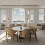 Lampa wisząca Genesis w kolorze białym z dziesięcioma oprawami GU10. Umieszczona w nowoczesnym wnętrzu nad okrągłym stołem, z eleganckimi, beżowymi krzesłami. Oświetlenie w minimalistycznym stylu, podwieszone na cienkich linkach.