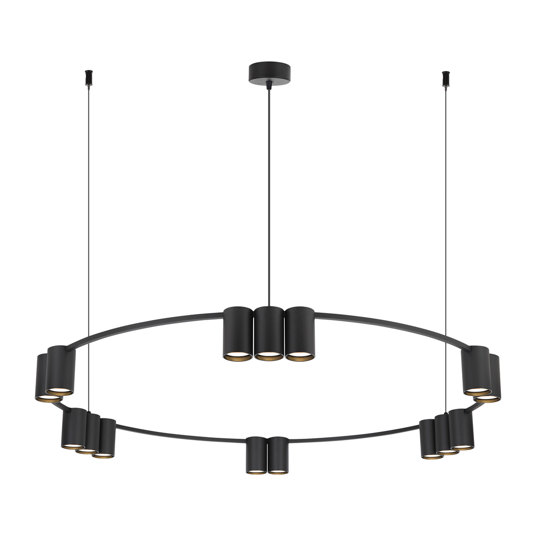 Lampa wisząca Genesis w kolorze czarnym, o okrągłym kształcie, z piętnastoma oprawami na żarówki GU10. Zawieszona na cienkich linkach, z minimalistycznym designem, idealna do nowoczesnych wnętrz.