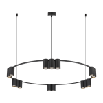Lampa wisząca Genesis w kolorze czarnym, o okrągłym kształcie, z piętnastoma oprawami na żarówki GU10. Zawieszona na cienkich linkach, z minimalistycznym designem, idealna do nowoczesnych wnętrz.