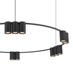 Lampa wisząca Genesis 15xGU10 w kolorze czarnym, składająca się z sześciu cylindrycznych opraw, umieszczonych na okrągłej ramie. Ujęcie z góry, pokazujące nowoczesny design i detal wykończenia.
