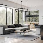 Lampa wisząca Genesis, czarna, z 15 miejscami na żarówki GU10, zawieszona w nowoczesnym wnętrzu. Ujęcie z góry, pokazujące jej elegancki kształt oraz otoczenie, w tym sofę, stół i duże okna.