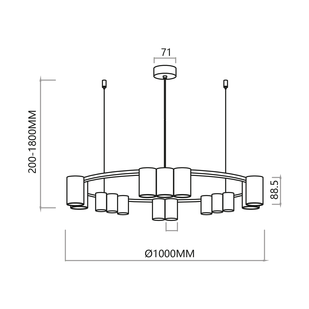 Czarna lampa wisząca Genesis z miejscem na 15 żarówek GU10. Okrągła konstrukcja o średnicy 1000 mm, regulowanej wysokości od 200 do 1800 mm. Prosty, nowoczesny design z metalowymi kloszami.