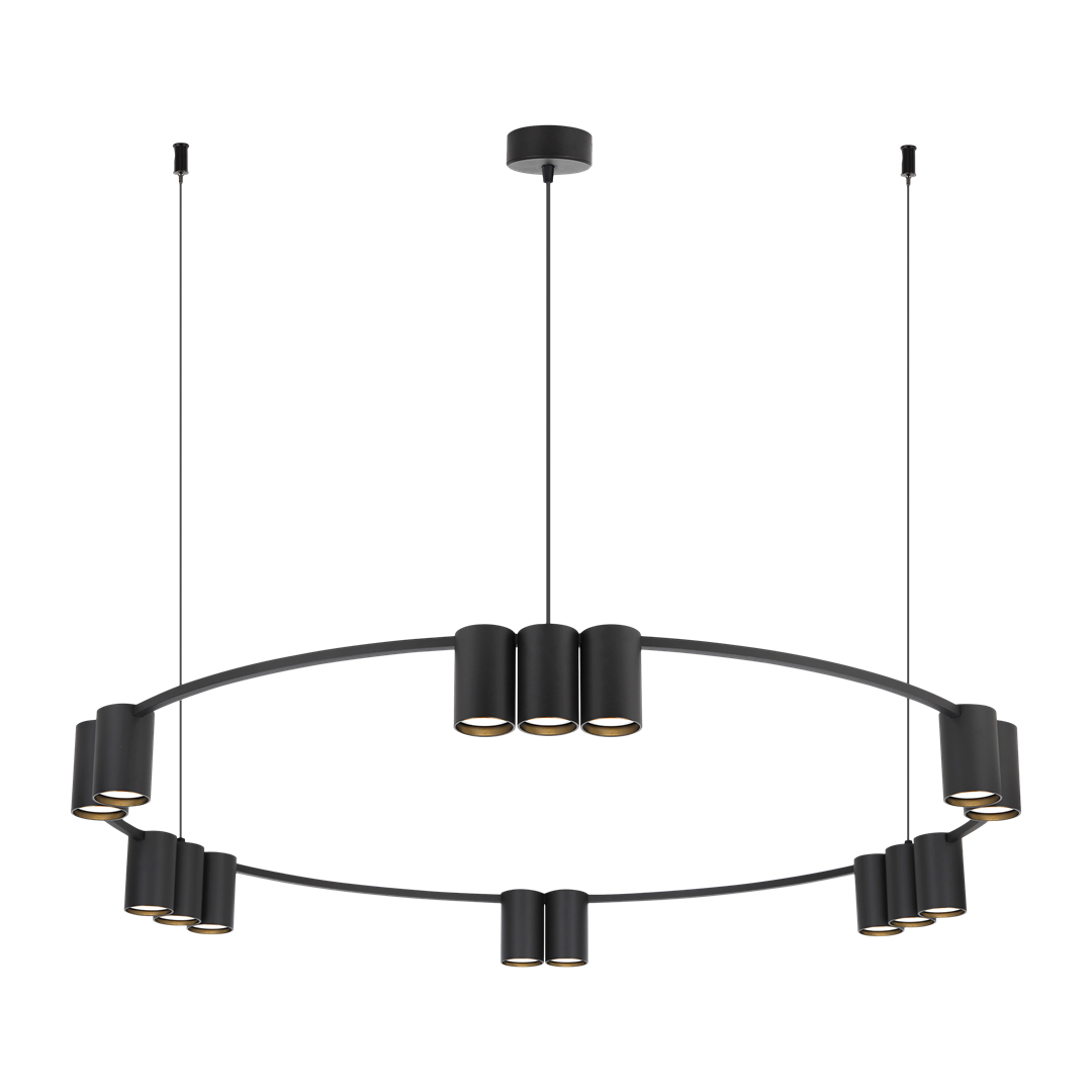 Lampa wisząca Genesis w kolorze czarnym, z 15 miejscami na źródła światła GU10. Okrągła konstrukcja z metalowymi kloszami, zawieszona na cienkich linkach. Elegancki design odpowiedni do nowoczesnych wnętrz.