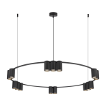 Lampa wisząca Genesis w kolorze czarnym, z 15 miejscami na źródła światła GU10. Okrągła konstrukcja z metalowymi kloszami, zawieszona na cienkich linkach. Elegancki design odpowiedni do nowoczesnych wnętrz.