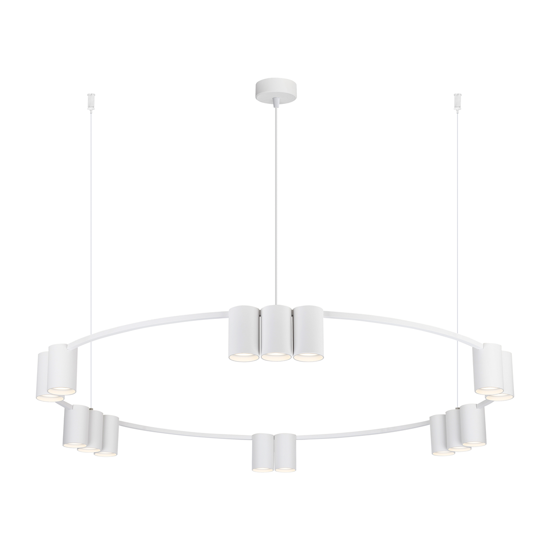 Lampa wisząca Genesis w białym kolorze, z 15 punktami świetlnymi GU10. Okrągła konstrukcja z metalowymi lampionami zawieszona na cienkich linkach. Prosty design, idealna do nowoczesnych wnętrz.
