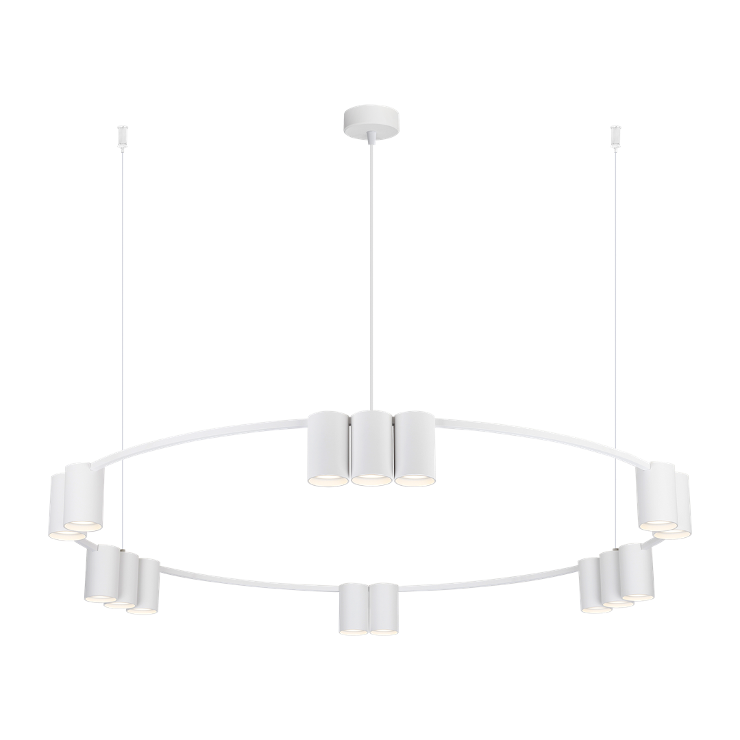 Lampa wisząca Genesis w kolorze białym, z pięcioma cylindrycznymi oprawami na żarówki GU10. Posiada nowoczesny, okrągły kształt, zawieszona na cienkich linkach, idealna do aranżacji wnętrz.