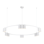 Lampa wisząca Genesis w kolorze białym, z pięcioma cylindrycznymi oprawami na żarówki GU10. Posiada nowoczesny, okrągły kształt, zawieszona na cienkich linkach, idealna do aranżacji wnętrz.