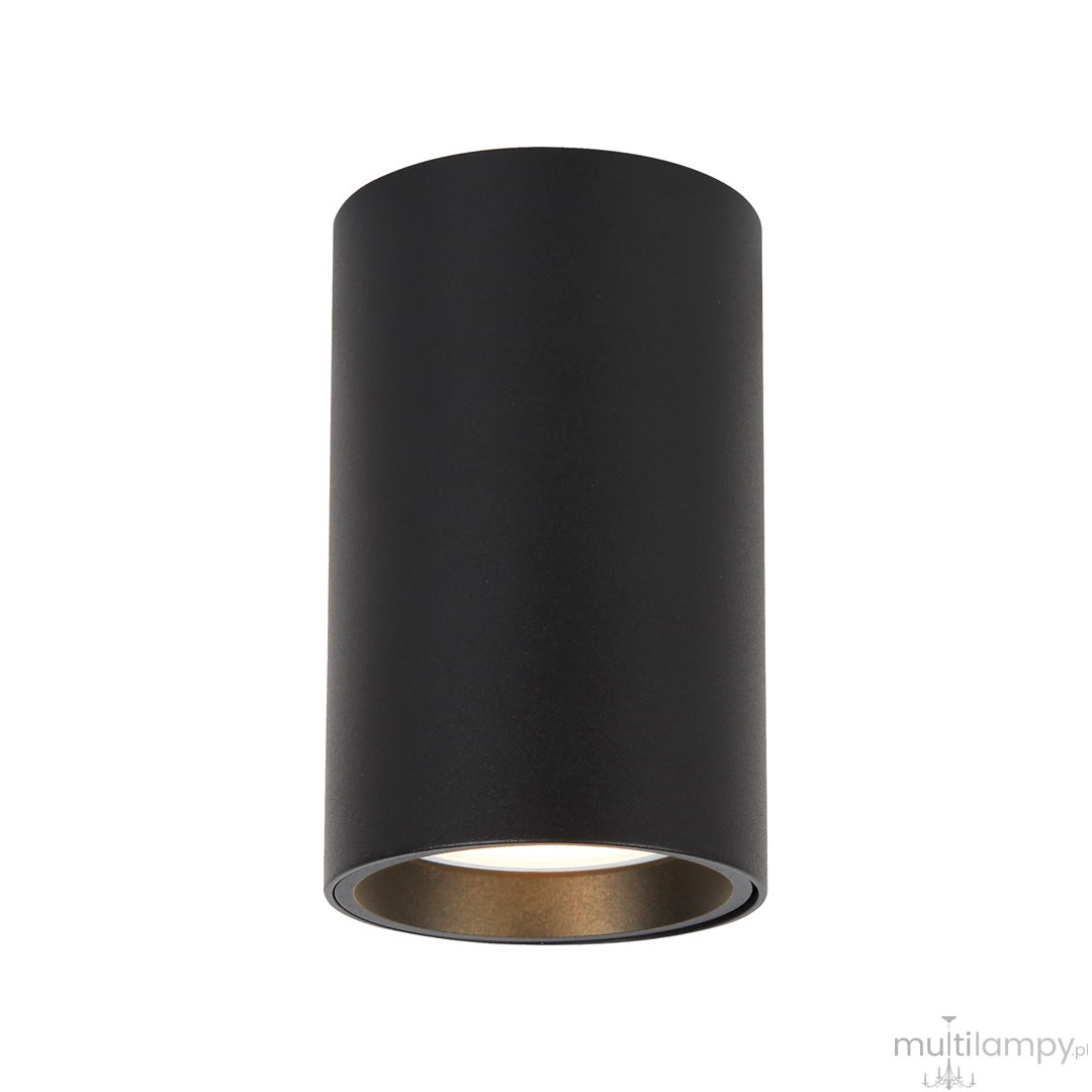 Czarna lampa sufitowa Genesis H10, cylindryczny kształt, wykończenie matowe. Przeznaczona na jedną żarówkę GU10, widoczny złoty detal wewnątrz. Ujęcie frontalne, zamontowana na suficie.