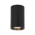 Czarna lampa sufitowa Genesis H10, cylindryczny kształt, wykończenie matowe. Przeznaczona na jedną żarówkę GU10, widoczny złoty detal wewnątrz. Ujęcie frontalne, zamontowana na suficie.